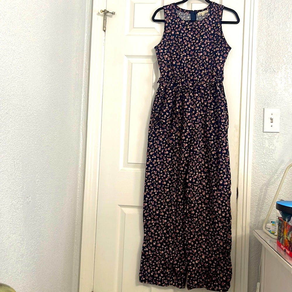 Navy Blue jumpsuit with pink flowers; kids XL